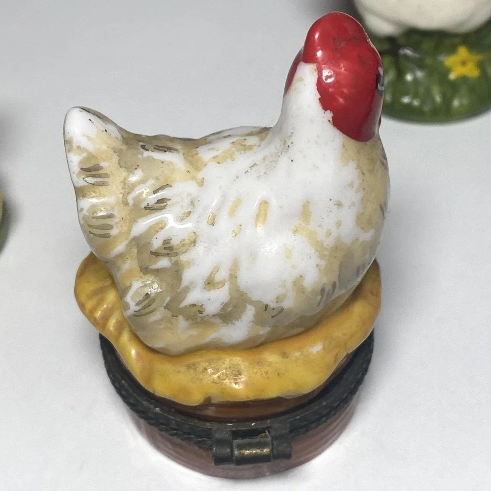 3 Beautiful Porcelain Hen-Rooster Figurines (One Is A Trinket Box)